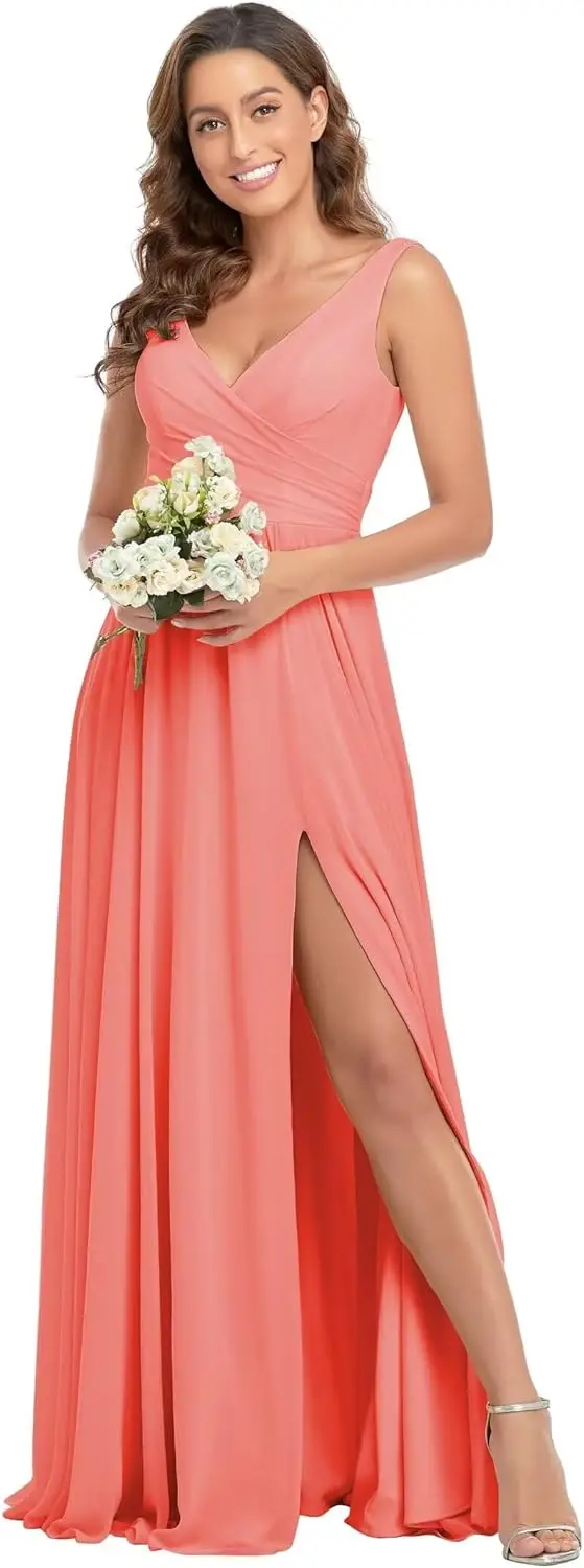 ชุดเพื่อนเจ้าสาวผ้าชีฟองคอวี แขนยาว จับจีบด้านหลัง เปิดหลัง ชุดราตรีทรงบอลเดรสผ่าข้าง ดีไซน์หรูหราสำหรับงานเลี้ยงตอนเย็น