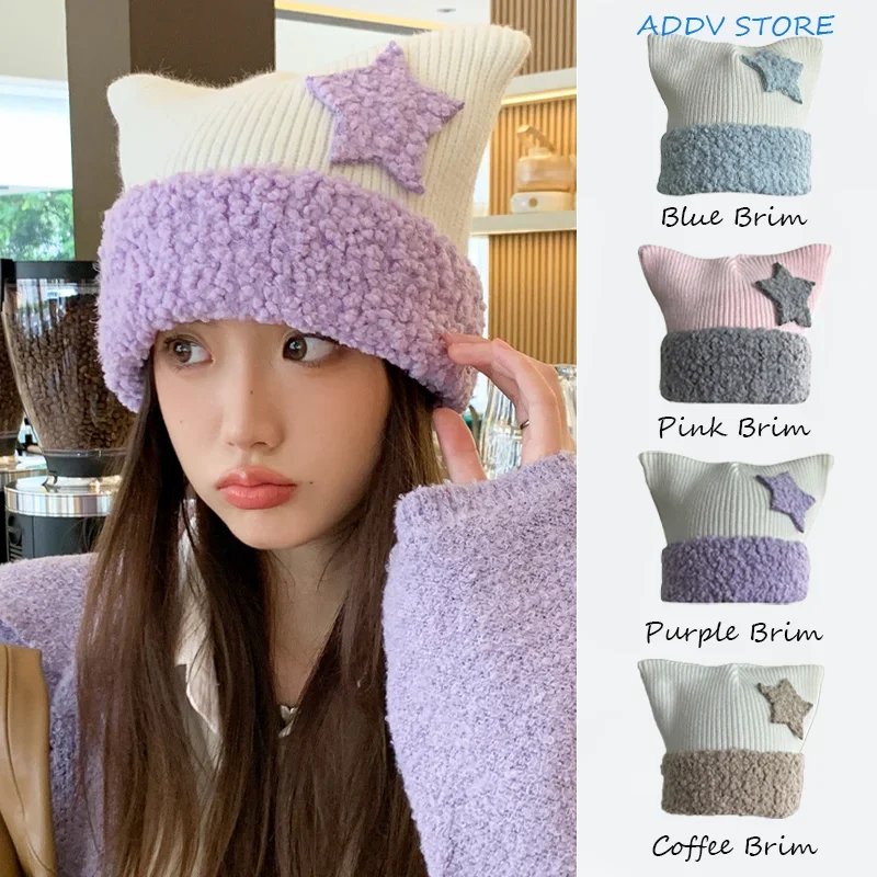 

Y2k Lolita Style Knitted Hat with Cat Ears for Women Winter Warm Bucket Hat Beanies for Women