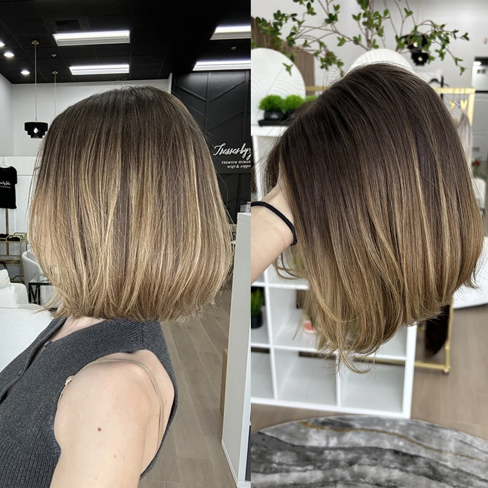 

Chestnut Brown Short Wigs with Highlights 10inch Daily Wearing Straight Wig High Heat Cosplay Synthetic Lace Front Wig for Women