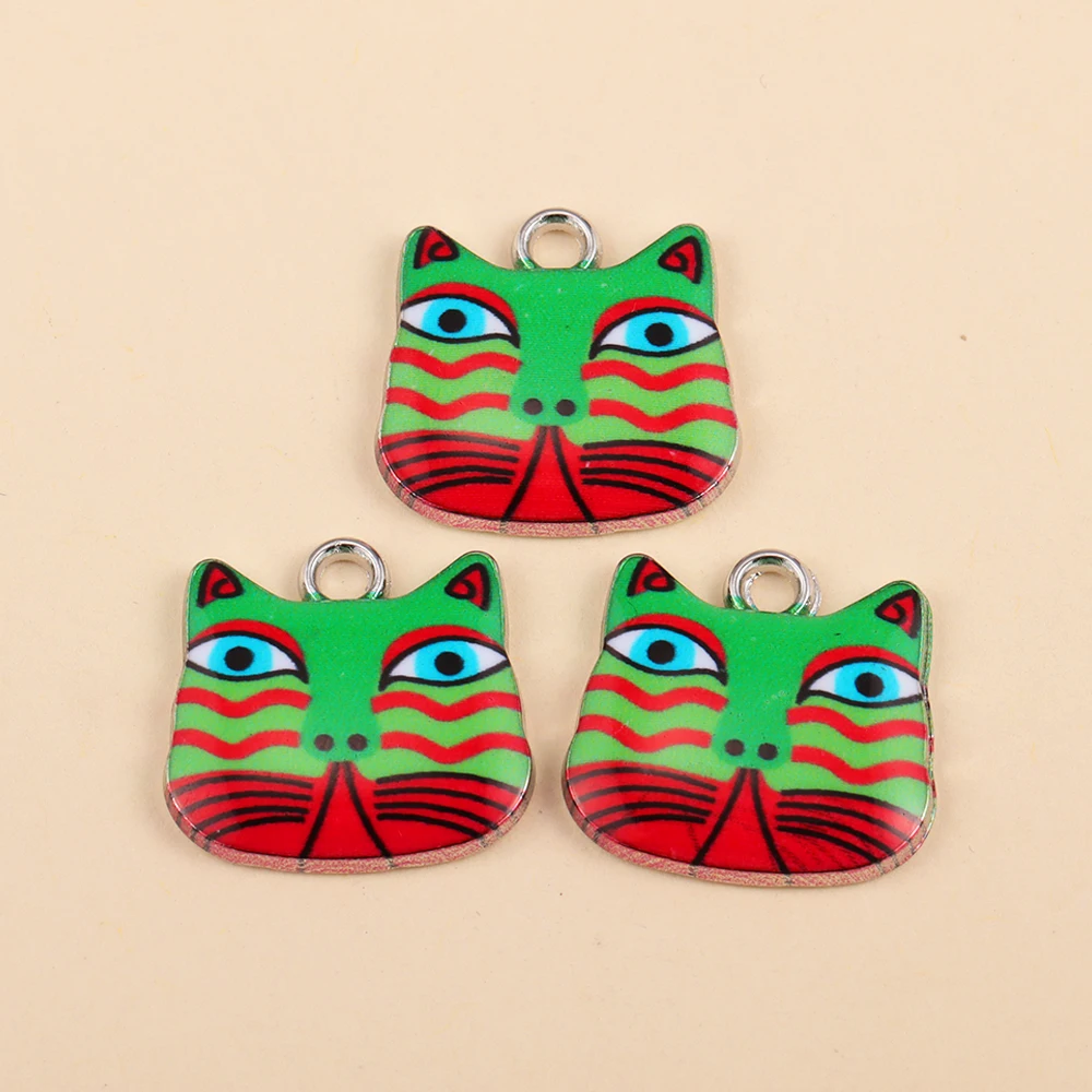 Encantos coloridos do gato do esmalte para fazer jóias, chapeado prata, bracelete animal, colar, brincos, pingentes, acessórios DIY, 10pcs