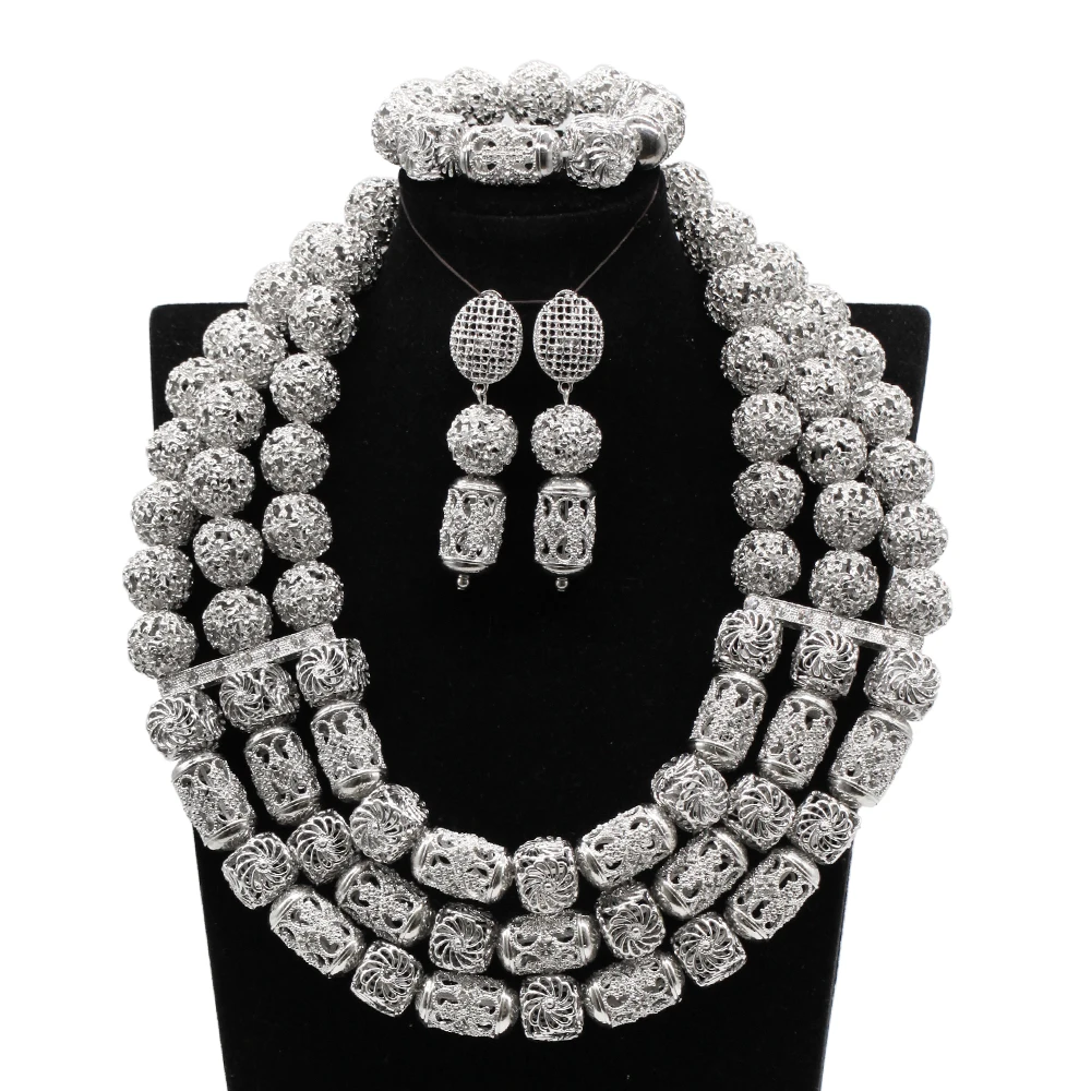 

Dubai Luxury African Beads Bridal Party Jewelry Set Fabulous Silver Bold Statement Necklace Jewelry Set ABG069