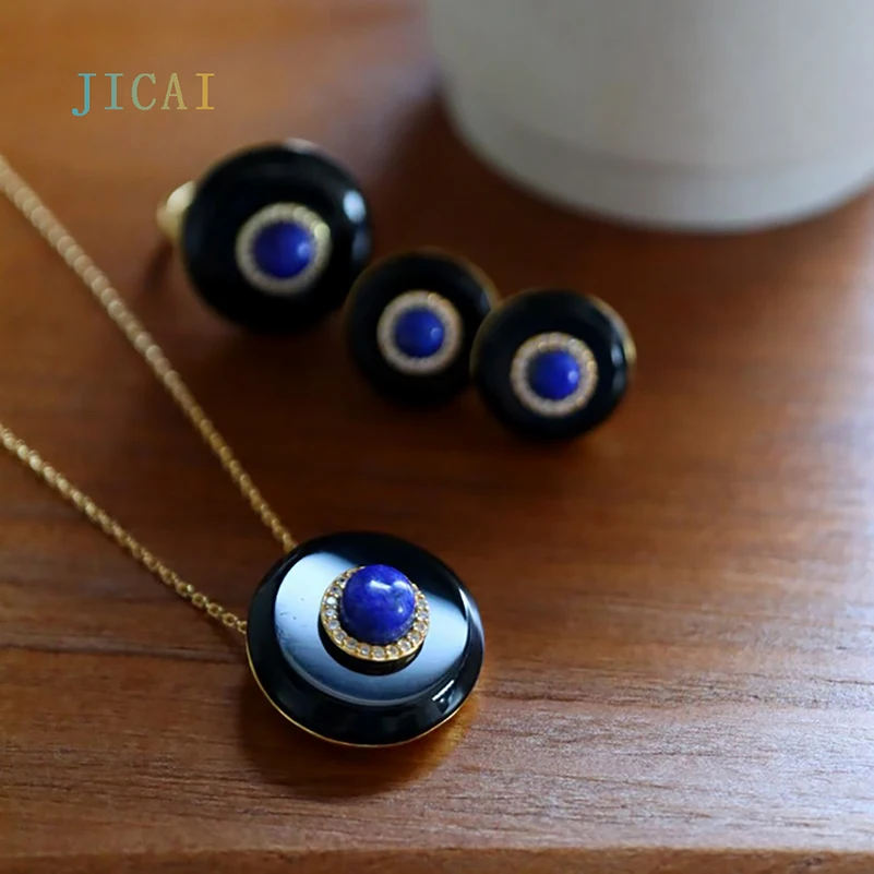 

JICAI Christmas Jewelry For Women Black Agate Earings Stud New In Modern Women's Earrings 2022 Natural Lapis Lazuli