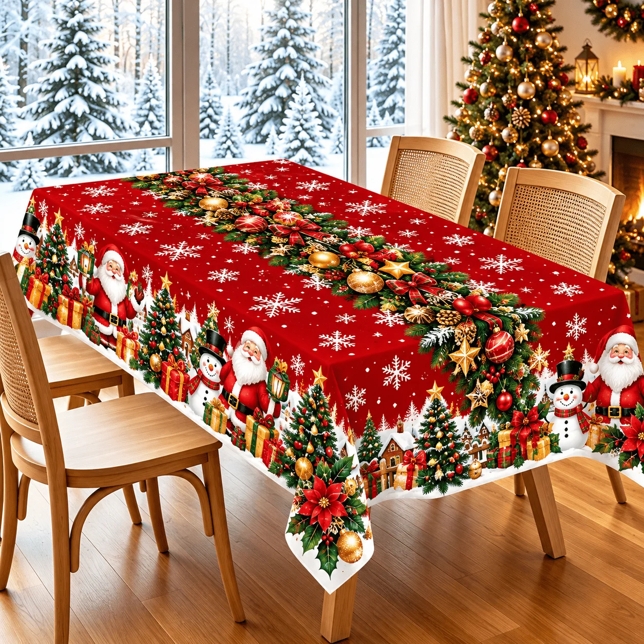 1 square tablecloth, Christmas red snowflake print tablecloth, Santa snowman Christmas tree gift box pattern