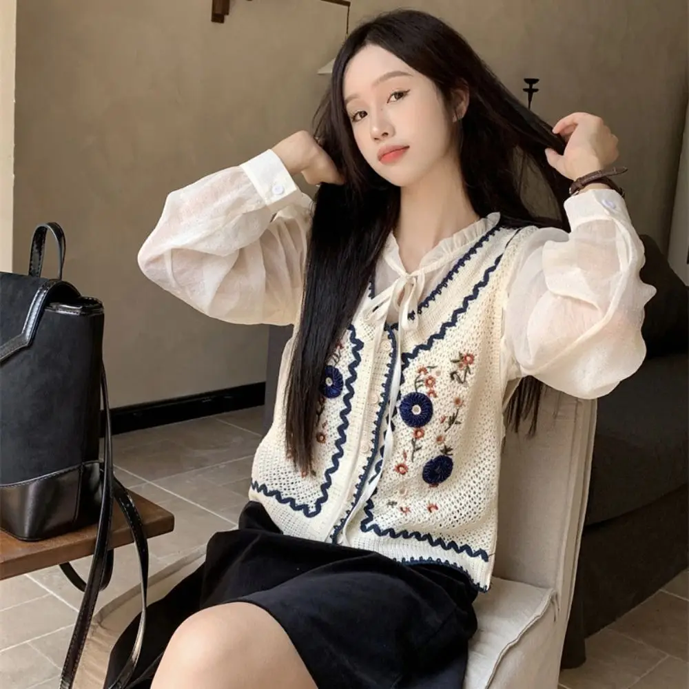Outerwear National Style Knitted Vest Vintage Loose V-neck Sweater Flower Sleeveless Knitted Sweater Vest Autumn/Summer