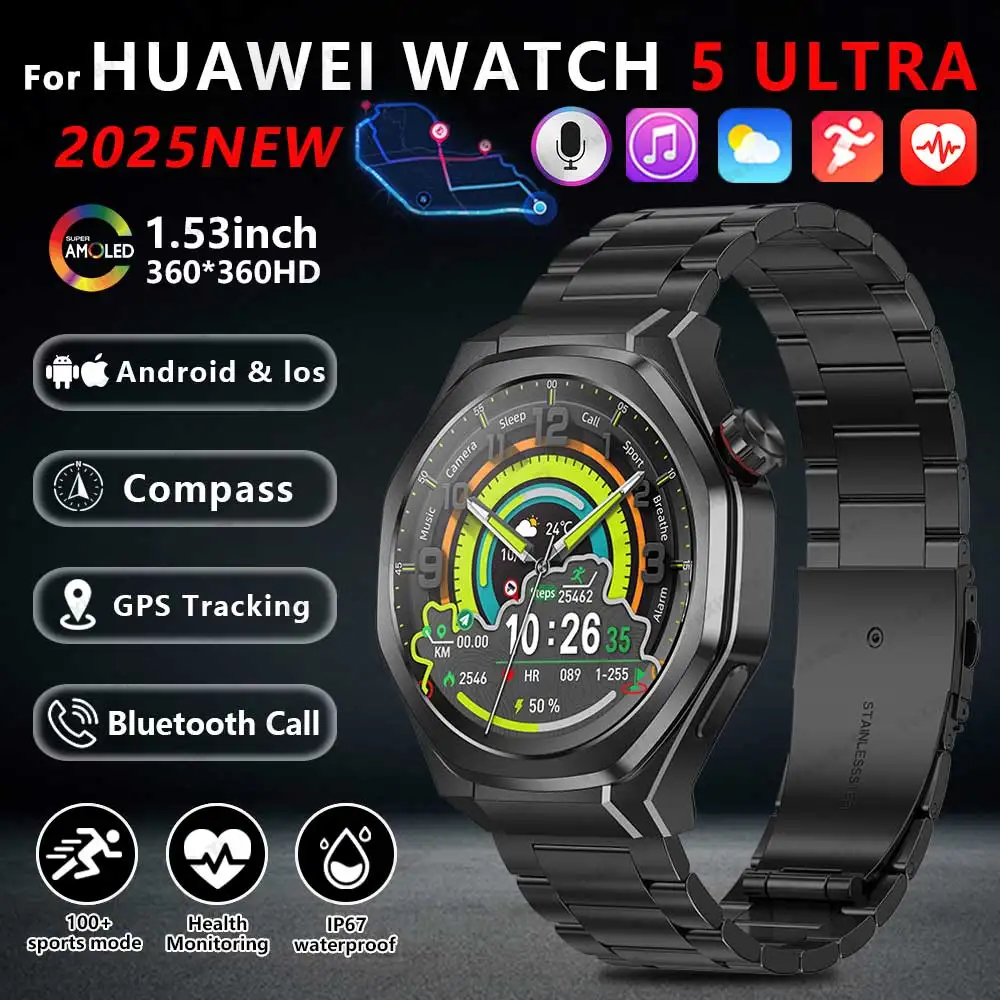 

For Watch 5 pro Smart Watch for Men - 1.53" HD AMOLED Screen GPS Heart Rate Monitor Bluetooth Call Capability IP68 Waterproof