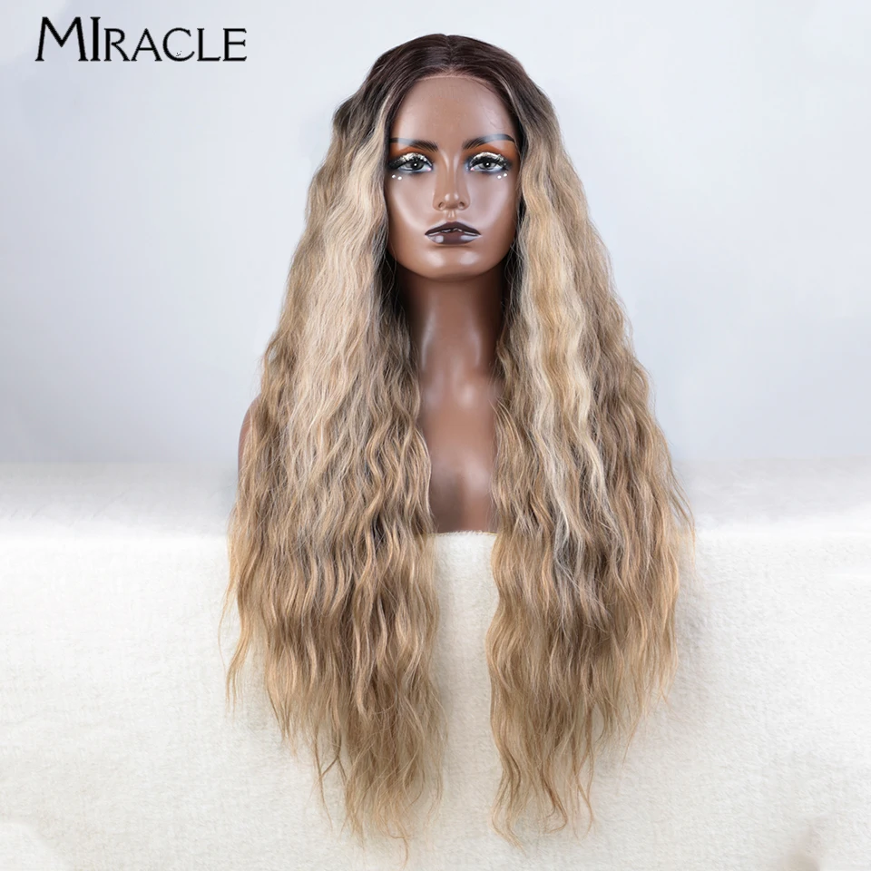 

MIRACLE Synthetic Lace Front Wig for Black Women Water Wave Cosplay Hair Wig Ombre Blonde Wig Female Curly Wigs 30 Inch