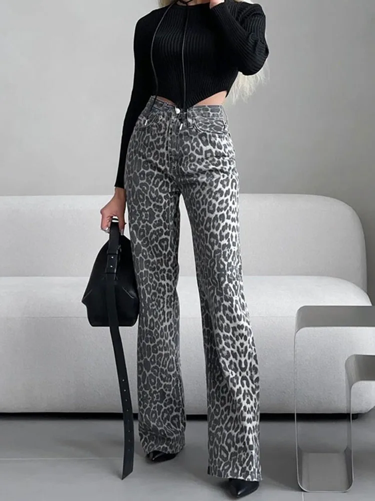 

Spring High Quality Leopard Print Jeans For Women New High Waisted Straight Leg Pants Office Work Lady Elegant Wide Leg Pants