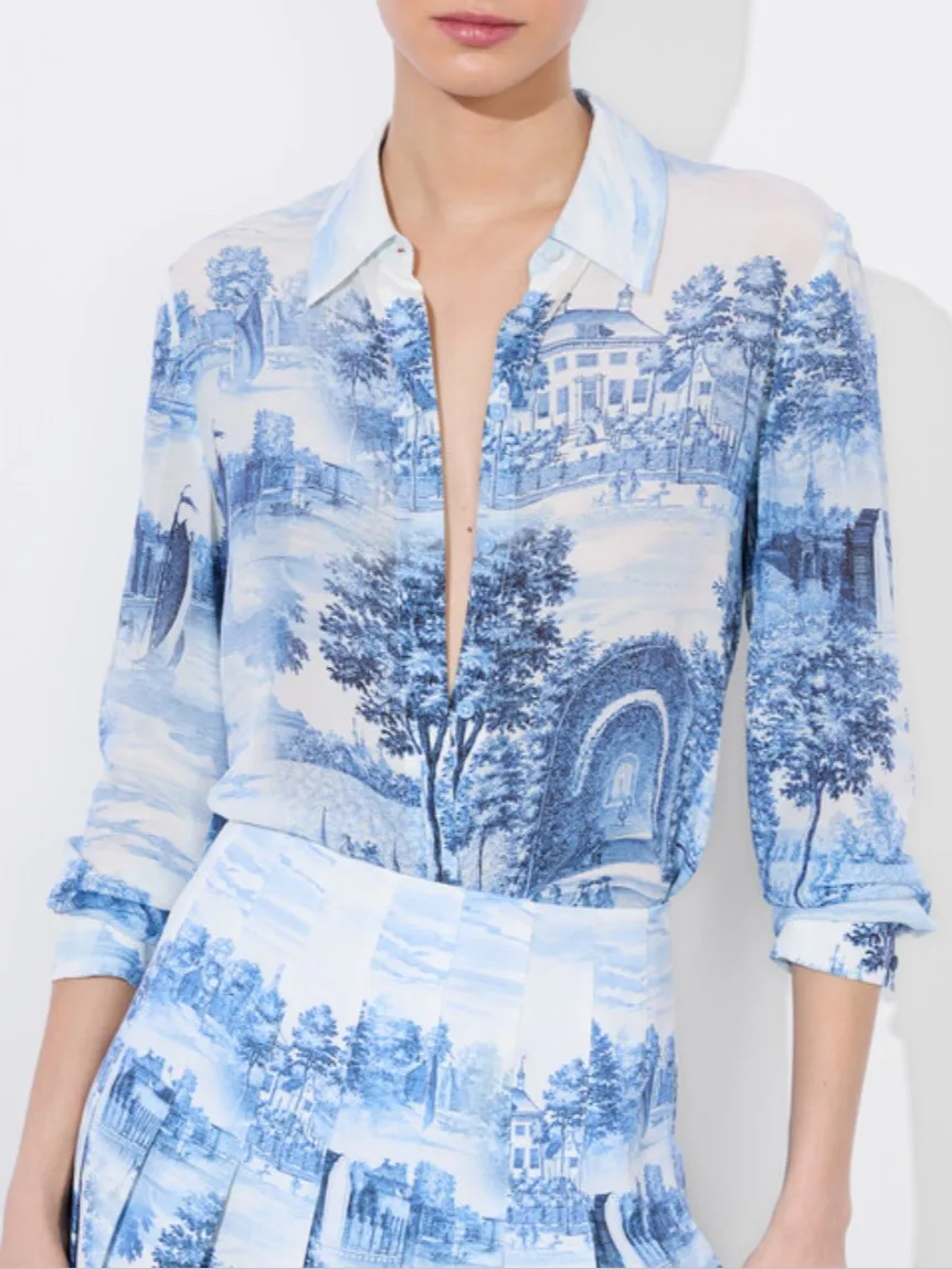 

Women Positioning Flower Print Blue Blouse Single Breasted Turn-down Collar Long Sleeve Fashion Casual 100% Silk Shirt