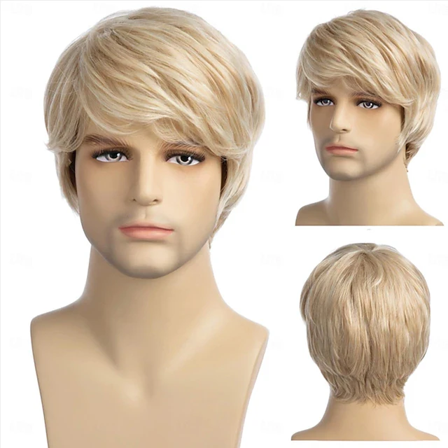 HAIRJOY ​​peruka męska krótka blond peruka krótkie warstwowe włosy syntetyczne dla mężczyzn Cosplay Anime peruka na Halloween