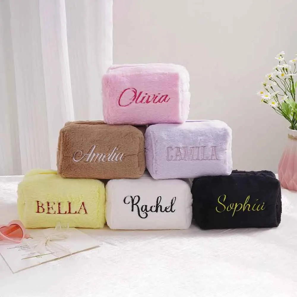 Custom Embroidered Name Fuzzy Makeup Bag Plush Velvet Cosmetic Pouch Portable Storage Bag for Women Girls Personalized Gift