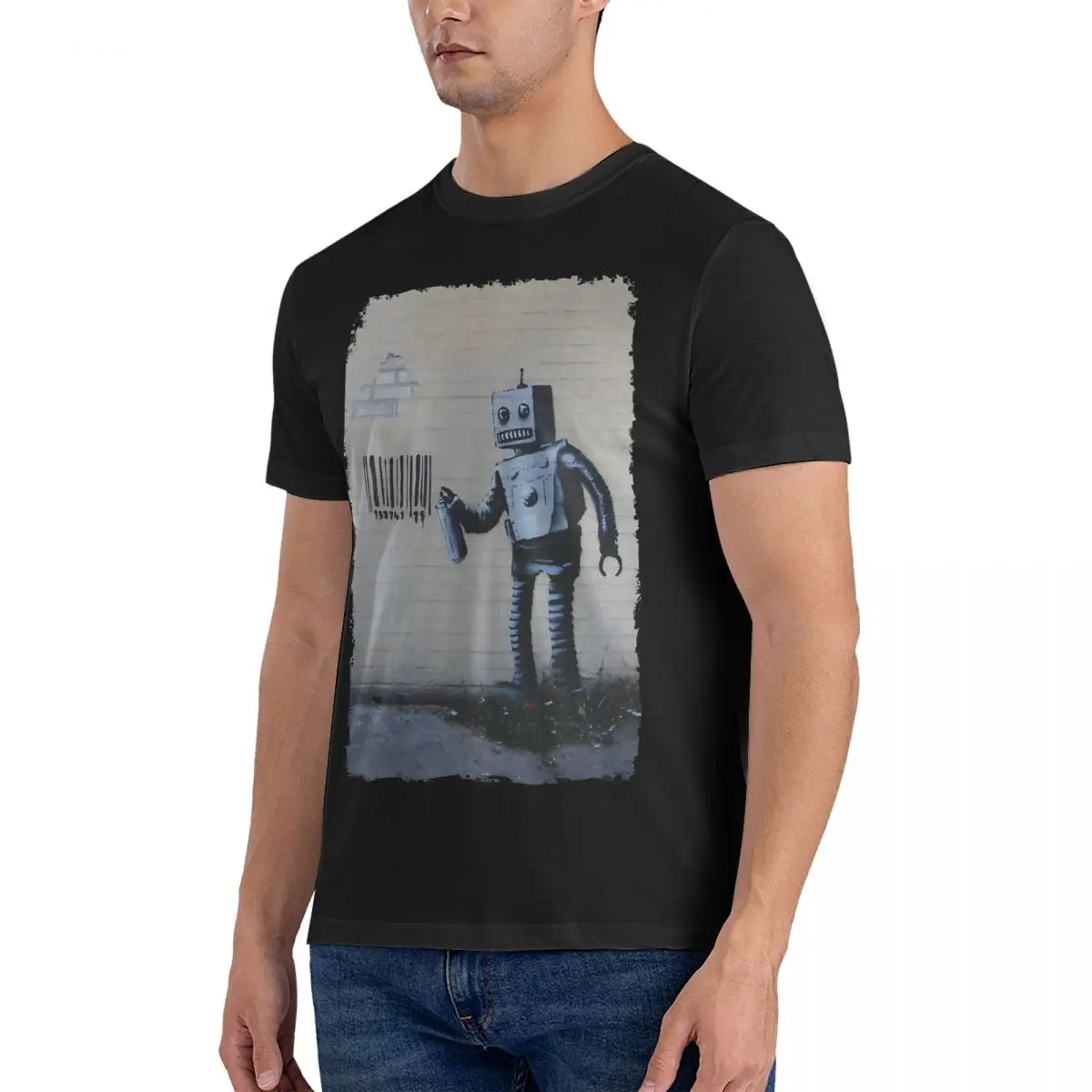 Graffiti Smiling Robot And Barcodes Better Out Than In New York City Residency On Brick Wall Men T Shirt Banksy Novelty