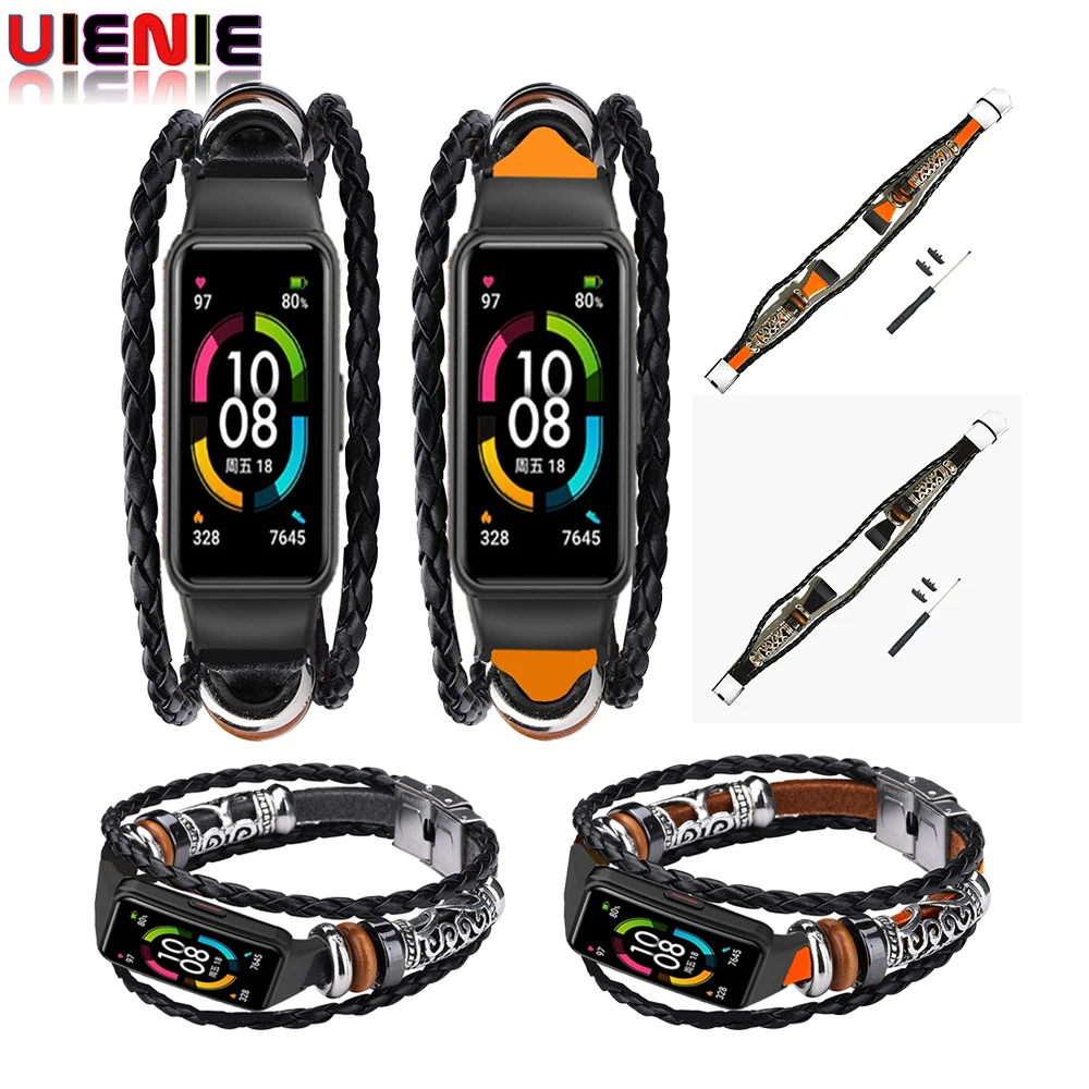 

Retro Genuine Leather Strap For Huawei Honor Band 6 Bracelet Metal Case Watchband for For Huawei Honor 6 Smartwatch Accessories