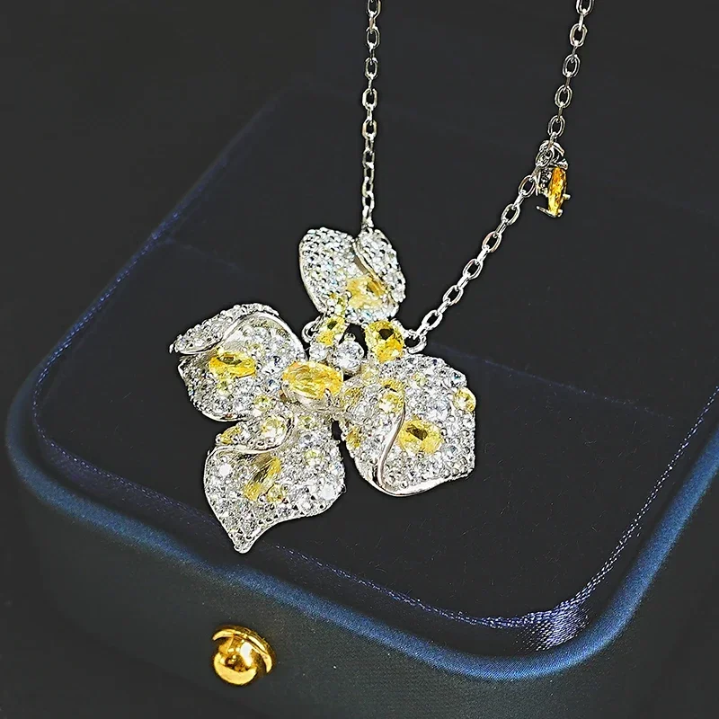 Imagem -03 - Pingente com Diamantes de Alto Carbono Flor Atmosférica Diamante Amarelo Joias Doces e Versáteis Prata 925 Luxo