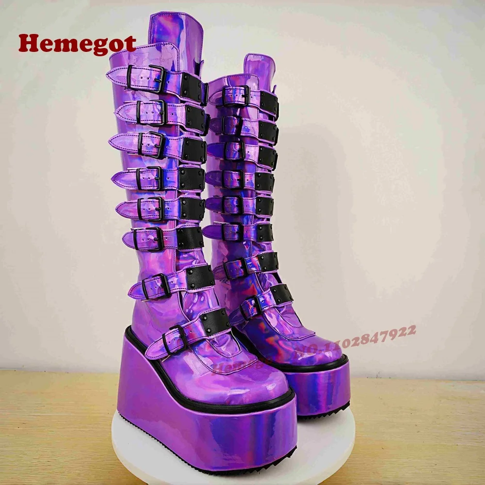 Silver Platform Belt-Buckled Boots Round Toe Wedges Metal Decor Women's Knee High Boots Glossy Gothic Punk Shoes Thick Soled view 6