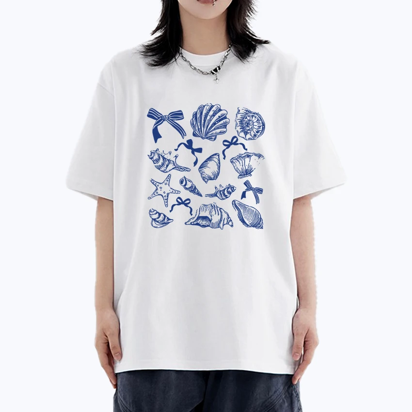 

Hot sale Women's Ocean Animal Conch Bow Pattern Oversized t-shirt Unisex Cotton Men Women Casual short sleeve t-shirt Summer Top