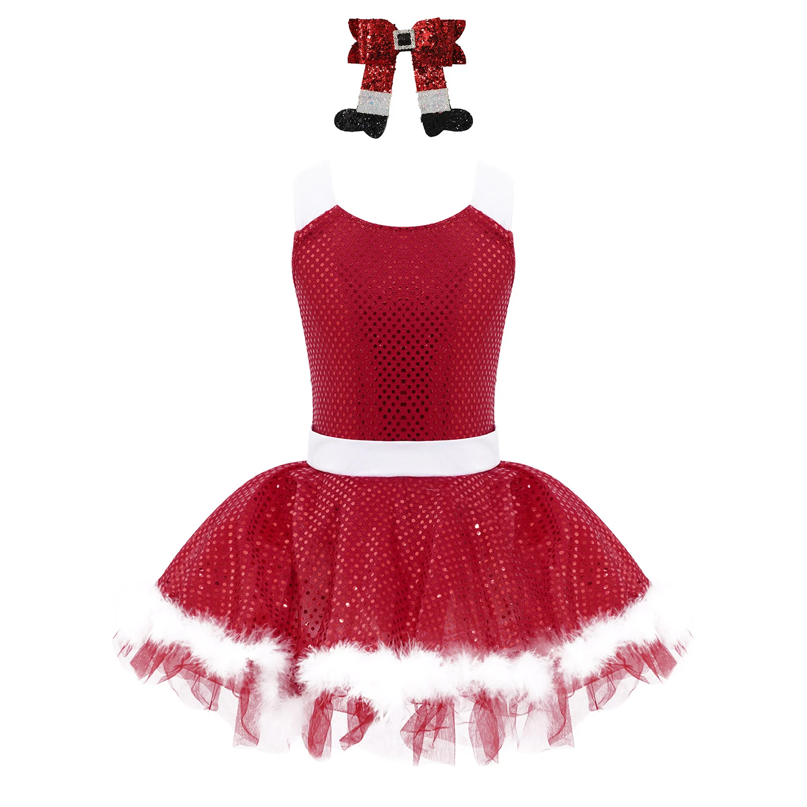 #4-16 Girls Christmas Princess Birthday Dress Performance Costume Sequins Tutu Leotard Dress with Boot Hair Clip Headband Sets