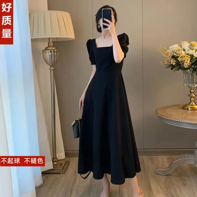 Light yellow dress summer new French square neck Hepburn style temperament long dress A-LINE vestidos dress