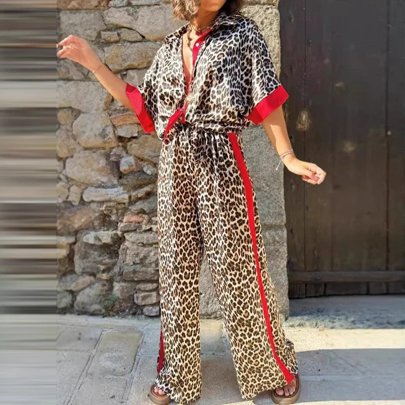 Spring Contrast Leopard Print Casual Set Women Single Breasted Lapel Shirt & Wide Leg Pant Outfit Summer Short-sleeved 2pcs Suit