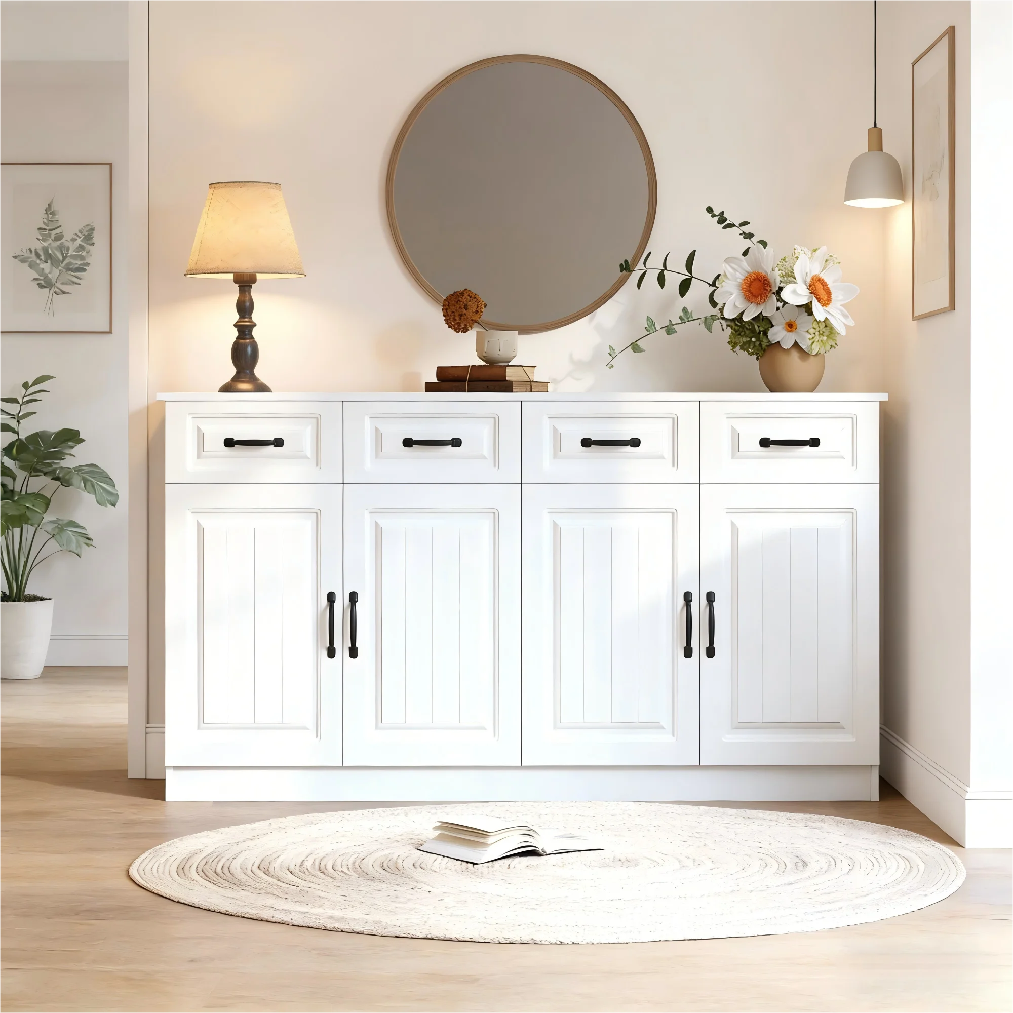 Aparador blanco, MDF, 4 cajones y puertas, diseño acanalado, 8 tiradores metálicos, superficie espaciosa, 160 cm de ancho.