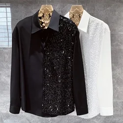 Men's Long Sleeve Shirt Fashion Nightclub Party Sequin Shirt Trend LGBT Stitching Button Shirt Unisex Lapel Solid Color Blouse