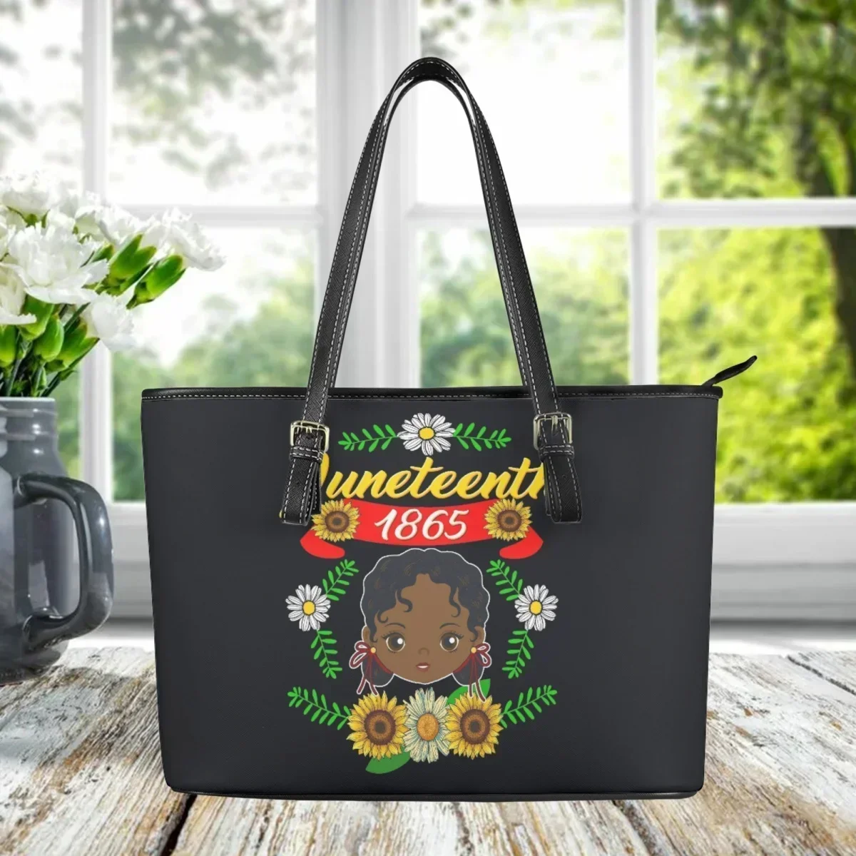 Black History Month Juneteenth 1865 Sunflower Lady Designer PU Leather Bag Handle Casual Shoulder Bag Vintage Popular Totes Gift
