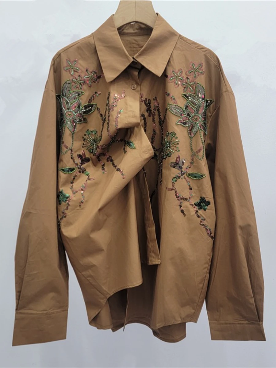 GALCAUR solide épissé paillettes chemise femme revers à manches longues conception ample tempérament femmes chemises automne mode nouveau Style