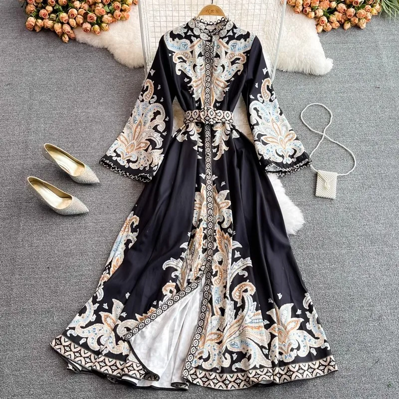 American Retro Print Maxi Dress Women Spring Summer Long Sleeve Dresses With Belt Party Elegant Vestidos