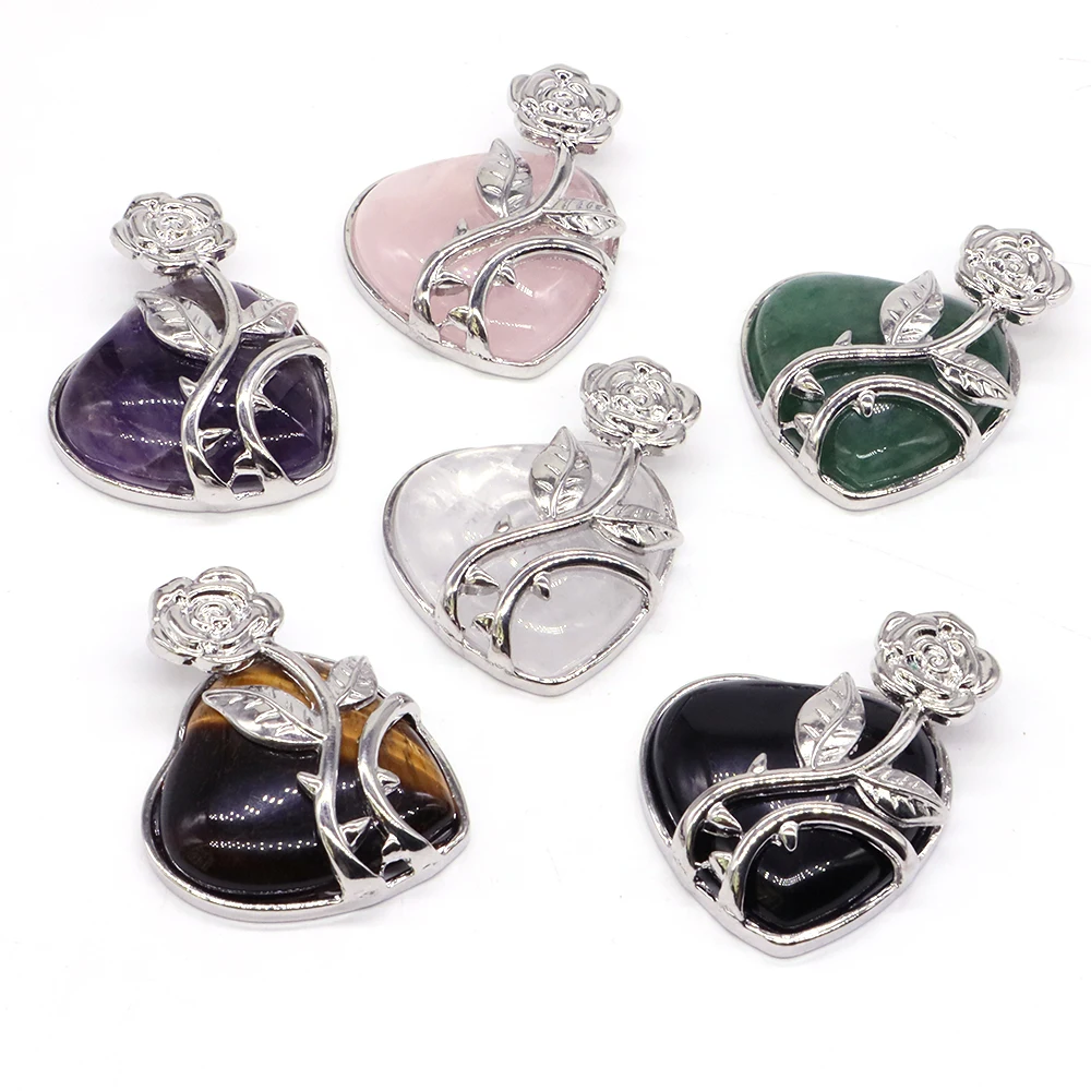 

Heart Shape Rose Flower Pendant, Natural Crystal Gemstone Reiki Healing Worry Stones for Necklace Jewelry Making Charm Gift 1.2"