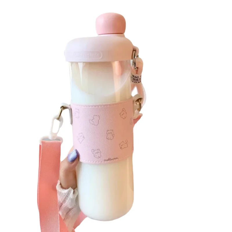 

Cute Cats Glass Water Bottle With Straw Sleeve Strap 500/850ml Coffee Juice Tea Glass Cup Tumbler Girl Drinking Bottle BPA Free