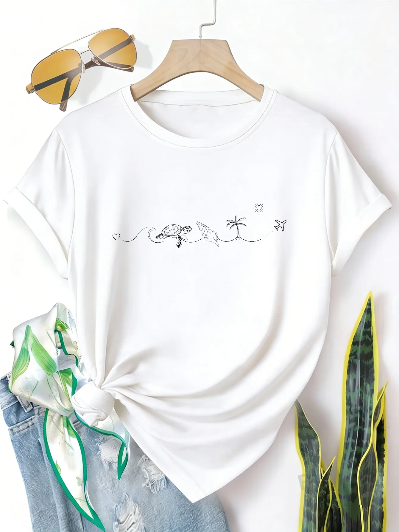 

Plus Size Women's Short Sleeve T-Shirt Turtle Palm Sun Plane Heart Spring and Summer Essentials summer outfits women's clothing