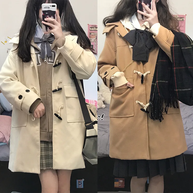 일본식 혼 버튼 코트 학교 유니폼 대학 스타일 쁘띠 JK 유니폼 두꺼운 양모 코트 여성 가을, 겨울