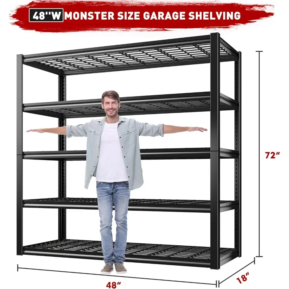 48''W Garage Shelving Heavy Duty Loads 2500LBS Garage Storage Shelves Heavy Duty Shelving 5 Tier Adjustable Metal Shelving