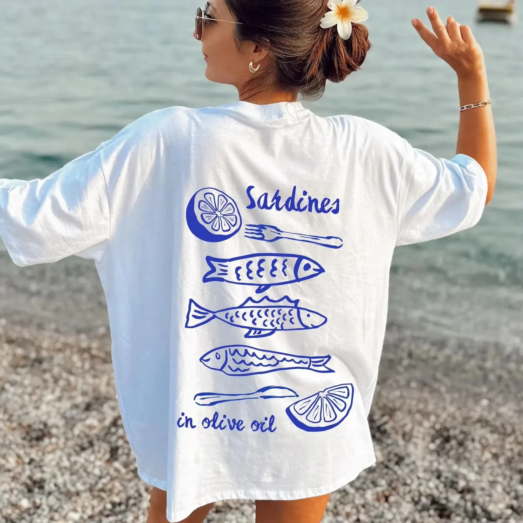 Ocean Inspired Style Sardines Fish Print Tshirt Italian Vibe Pattern Printing Graphic Tops Vintage Round Neck Women's T-Shirt