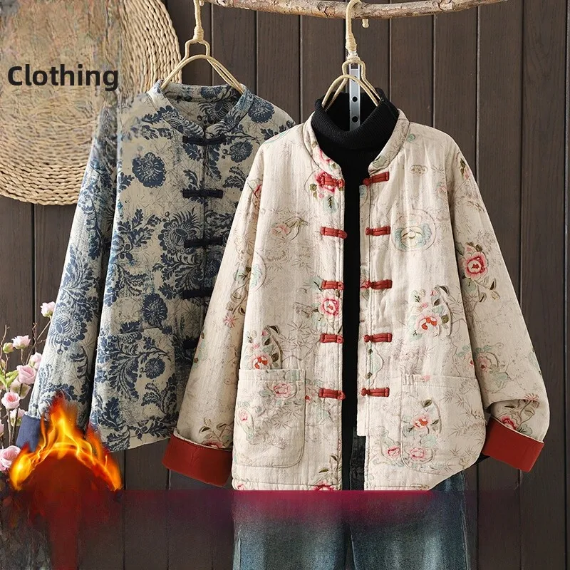 

Loose Casual Chinese Retro Print Cotton Jaet Women's Ethnic Sle Small Cotton Coat Long Sve Mid-Length Single Button