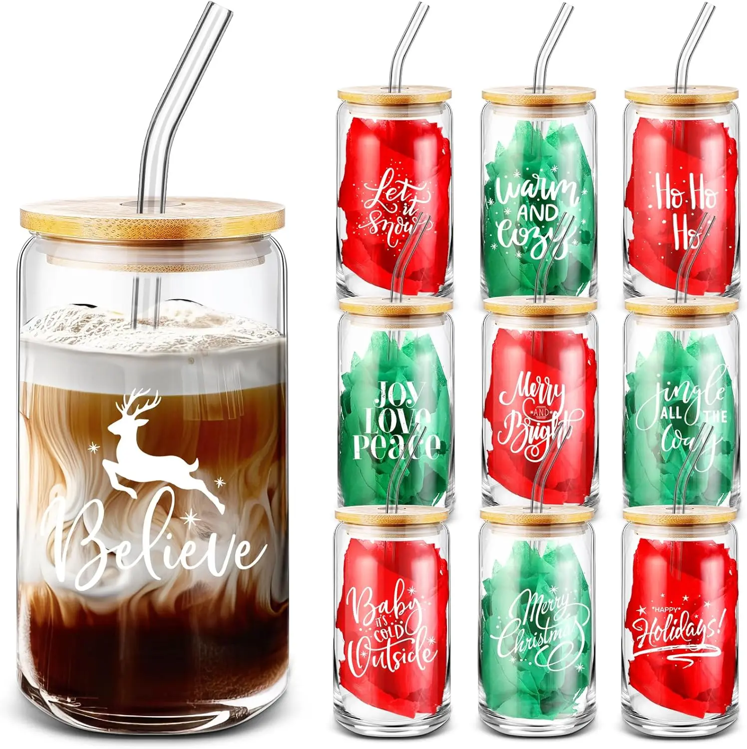 

Набор из 11 рождественских стеклянных стаканов с крышками и трубочками, 16 унций, оптовые рождественские кружки-банки для напитков