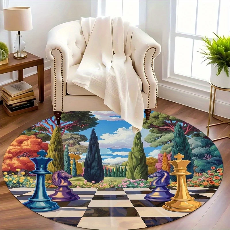 Chessboard Landscape Round Rug Flannel Fantasy Garden Chess Pieces King Queen Knight Decorative Floor Mat For Study Library Game