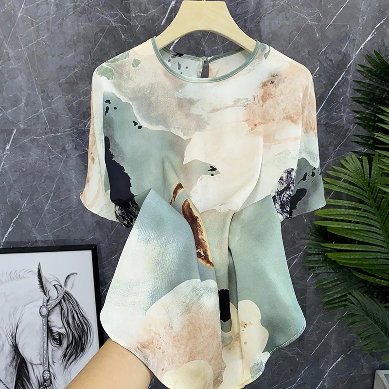 

Ele Floral Silk Satin Blouse Women's Top Retro Red Domestic 5K Floral Print round Ne ort Sve Commute Sle