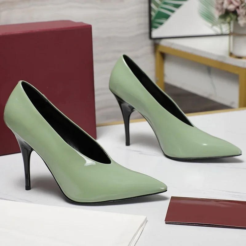 Блестящие однотонные туфли из лакированной кожи на высоком каблуке, пикантные туфли на высоком каблуке с острым носком, новые поступления на заказ, модная женская современная обувь