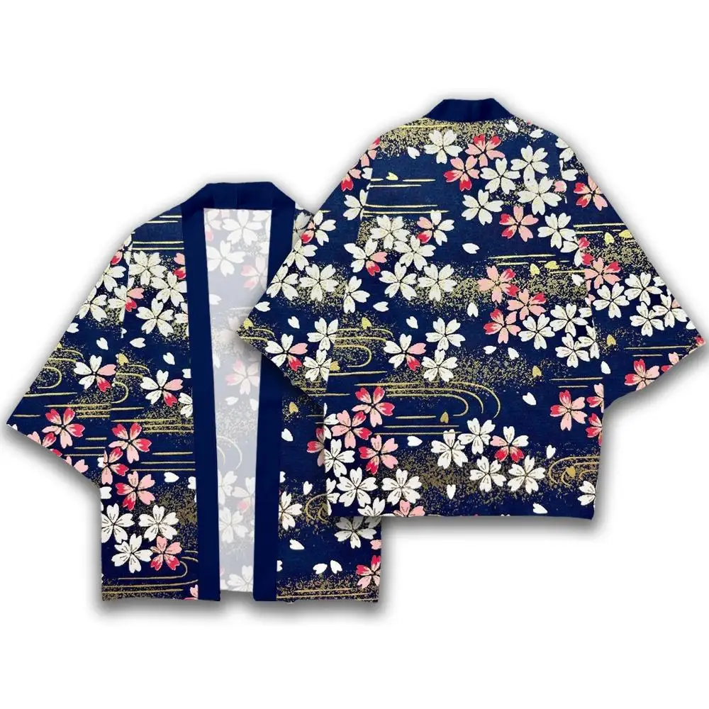 سترة كيمونو عتيقة بأنماط مموجة وزهور تقليدية باللون الأزرق النيلي على الطراز الياباني للجنسين سترة كاجوال فضفاضة ومريحة