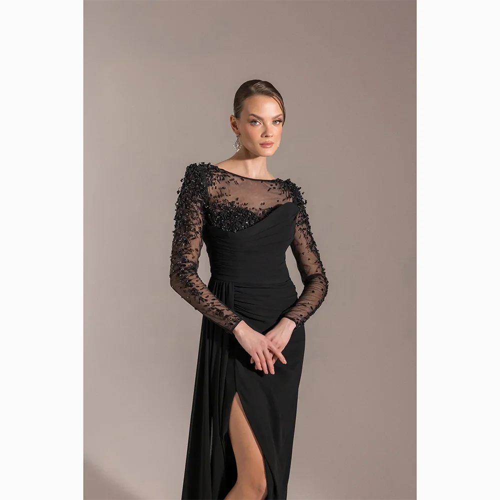 

Customized Boat Neck Long Slevees Evening Dresses Lace Beading Prom Gowns Black Straight Floor Lenght Prom Dress