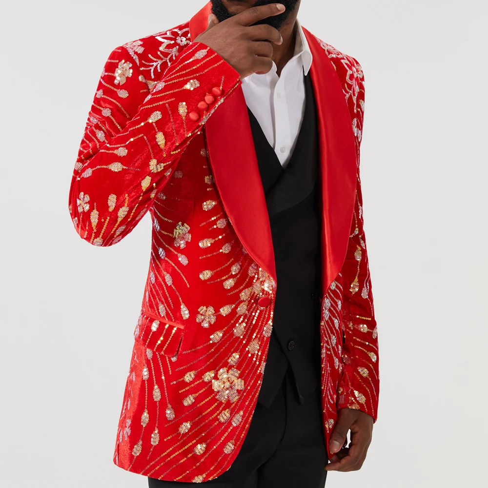 Nuovo vestito da uomo giacca festa di nozze vestito sottile cappotto decorazione di paillettes blazer di lusso rosso Terno Masculino uomo cappotto