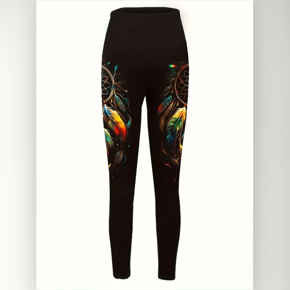 Dreamcatcher print elastic elastic waist slim casual leggings for women