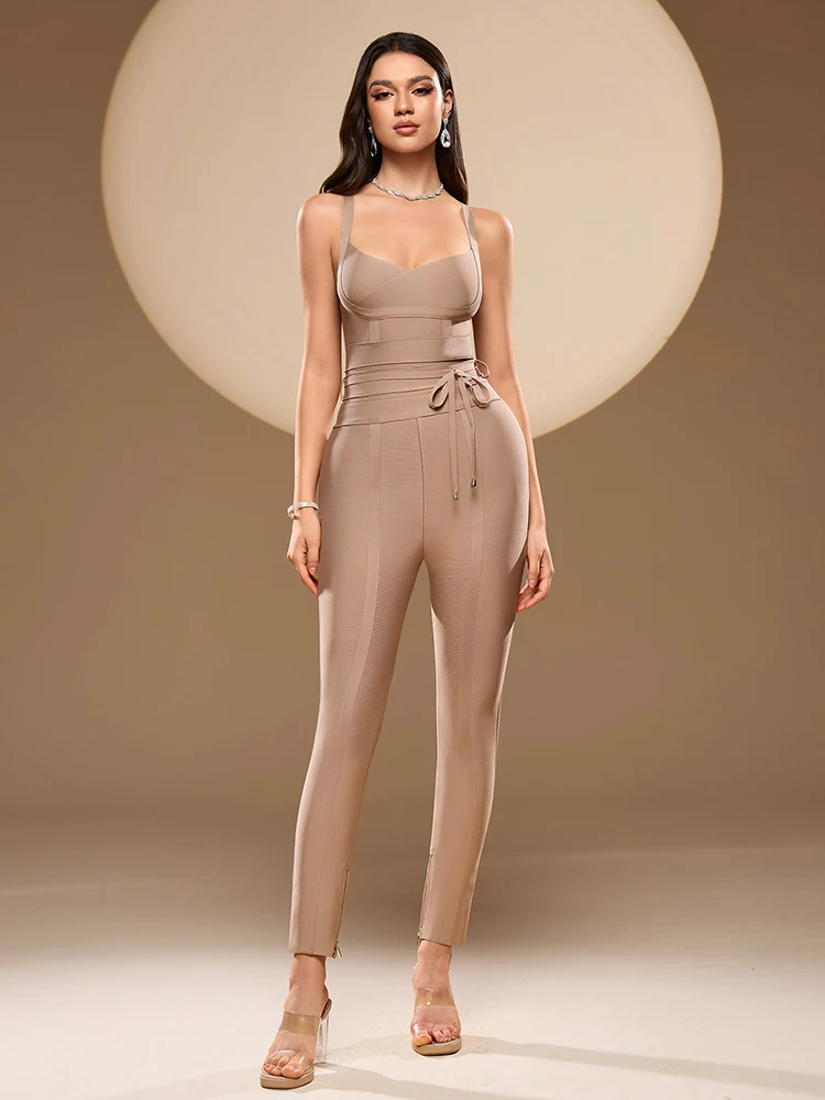 

Sexy Spaghetti Straps Lace-up Rayon Bandage Jumpsuits Women Sleeveless Bodycon Pencil Pants Jumpsuits Party Ccotail Gowns
