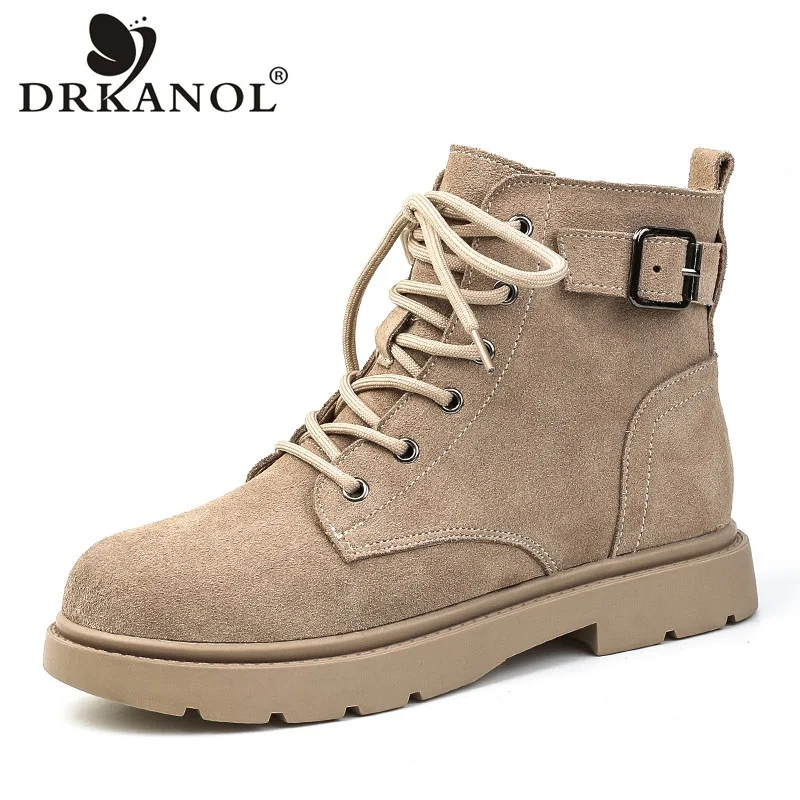

DRKANOL 2026 Fashion Women Flat Heel Ankle Boots Autumn Winter Quality Cow Suede Leather Round Toe Plush Warm Casual Short Boots