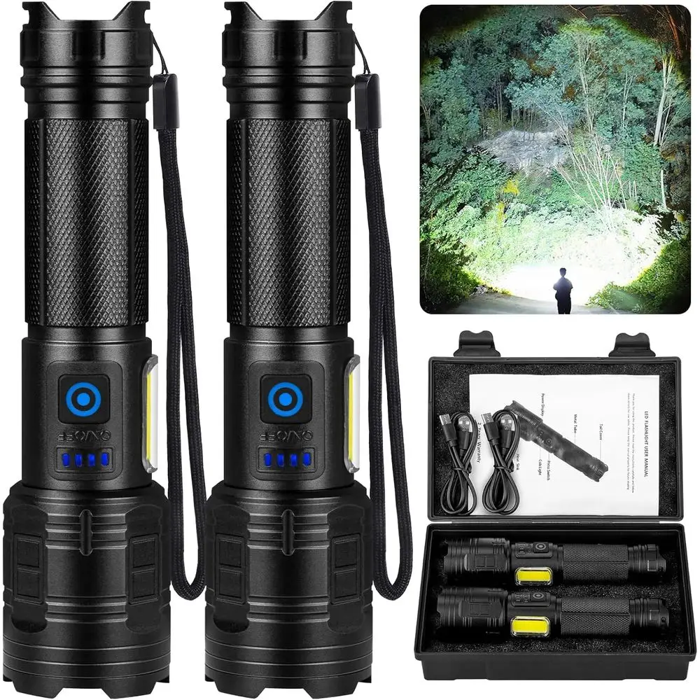 

Двойной комплект перезаряжаемых светодиодных фонарей мощностью 90 000 люмен - 7 режимов, 24 часа работы от батареи, боковой свет, водонепроницаемые, для использования на улице и дома