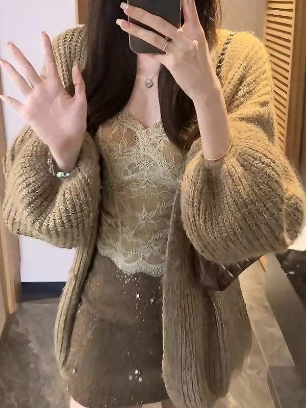 

Модный вязаный кардиган с длинными рукавами для женщин: свободный, стройнящий, ультрамягкий, осенне-зимний, новинка