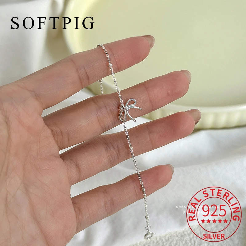 

SOFTPIG настоящее серебро 925 пробы с бантом из бисера, браслет-цепочка для женщин, модные ювелирные изделия, минималистичные аксессуары