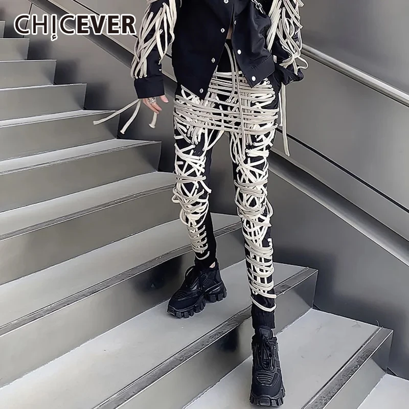 

CHICEVER Streetwear Binding Pants For Women High Waist Colorblock Loose Fashion Patchwork Drawstring Trousers Female Summer New