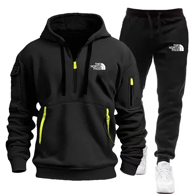 Mens Sports Hoodie Jogger Pants Set Warm Fleece Lined Sweatshirt with Zipper Pockets Long Sleeve Pullover Tracksuit for Outdoor