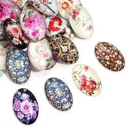 10pcs/lot Flower Pattern Glass Cabochon Beads Oval Shape Spacers Cabochon Beads DIY Jewelry Necklace Pendant Ring Accessories
